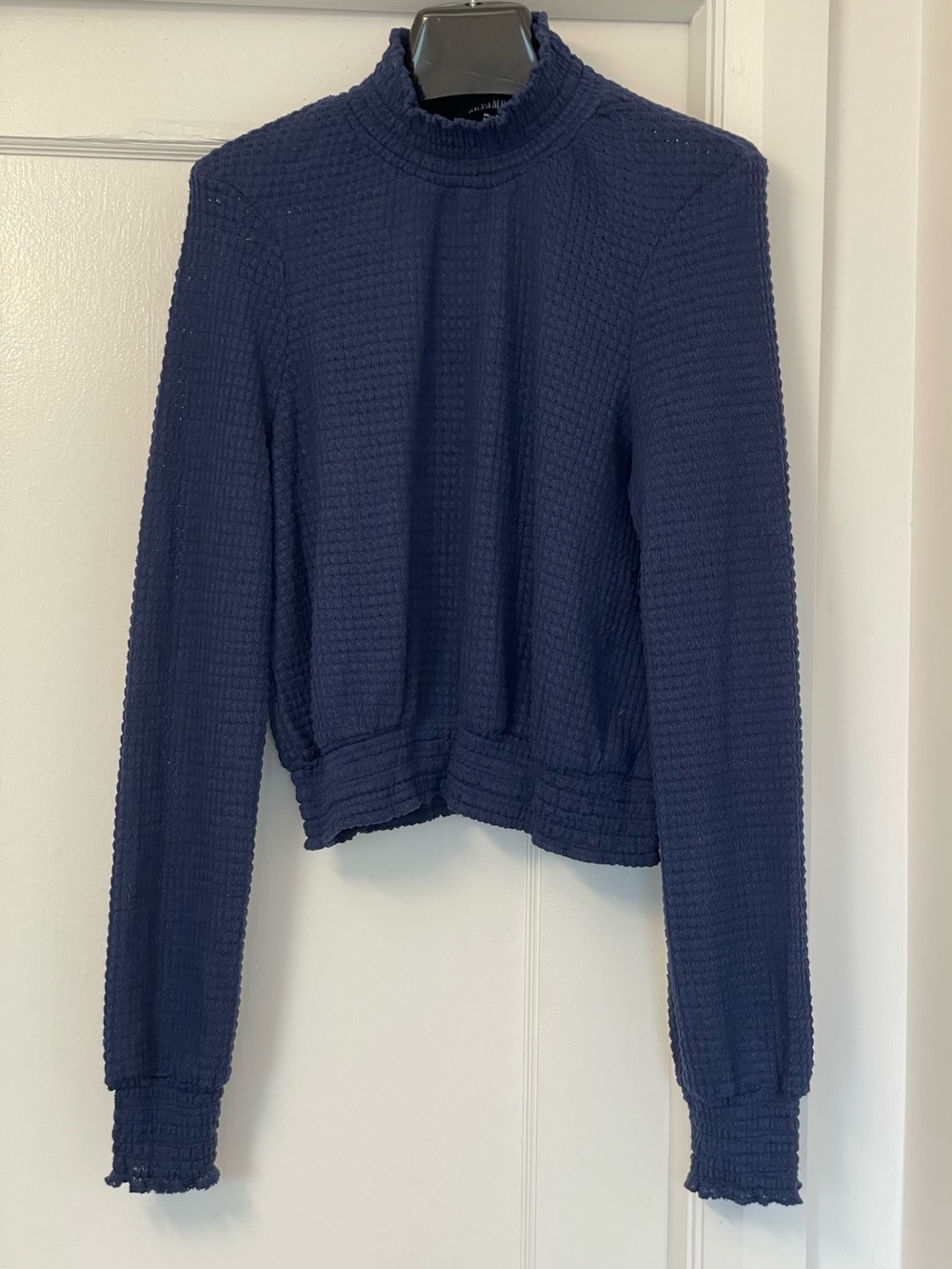 Revamped Navy, Ruched Mock Neck Long Sleeve Top